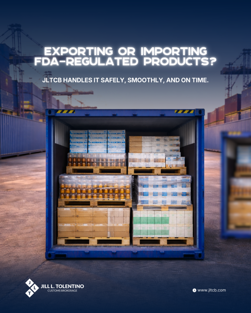 Container loaded with FDA-regulated products for import and export handling in a shipping yard, illustrating customs brokerage logistics by JLTCB.