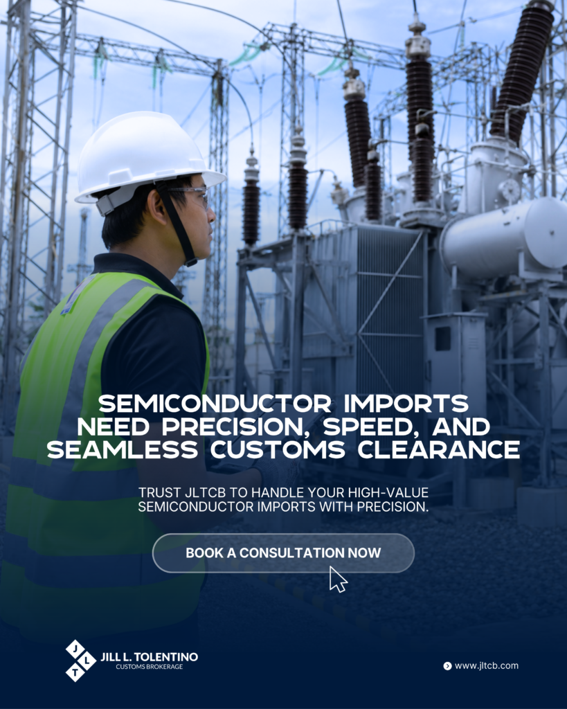 Engineer in safety gear inspecting electrical infrastructure, highlighting the importance of precision and seamless customs clearance for semiconductor imports.